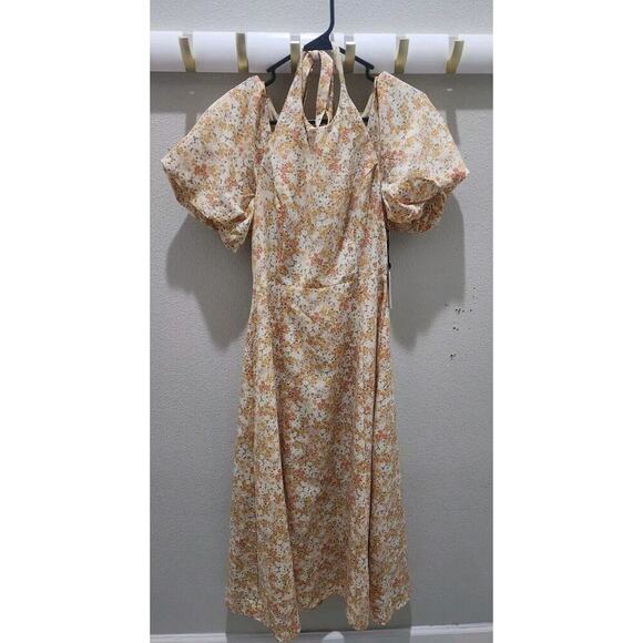 ASTR The Label Puff Sleeve Ditsy Peach Floral A Line Midi Dress Lined‎ Women M - Picture 3 of 10